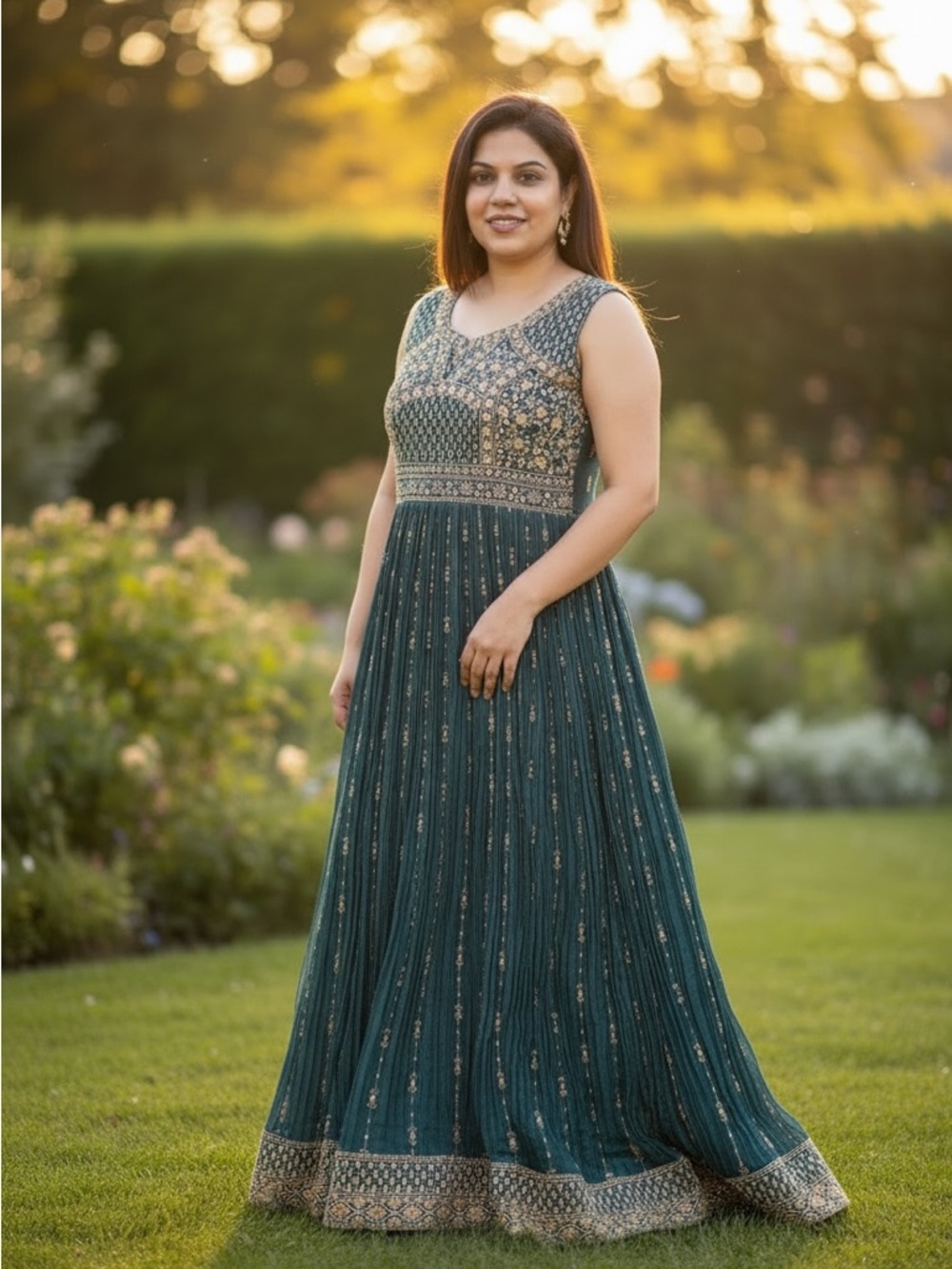 Embroidered Deep Teal Indian gown with Silver Accents